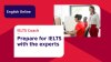 Graphic shows adult students using IELTS Coach service. Text on screen reads “Prepare for IELTS with the experts”. 